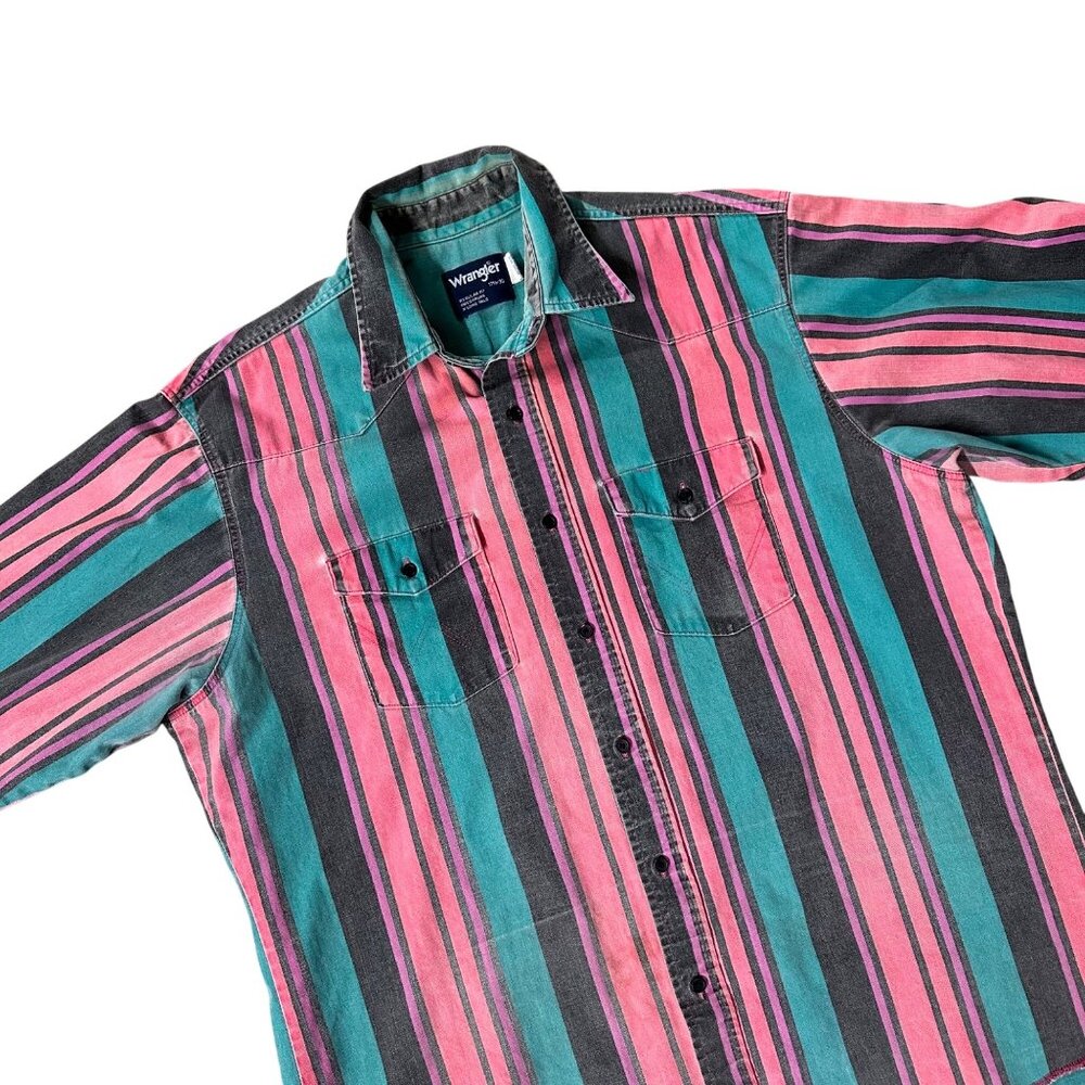 Vintage Wrangler Brushpopper 90s Western Shirt Pink Teal Stripe USA Rodeo Cowboy